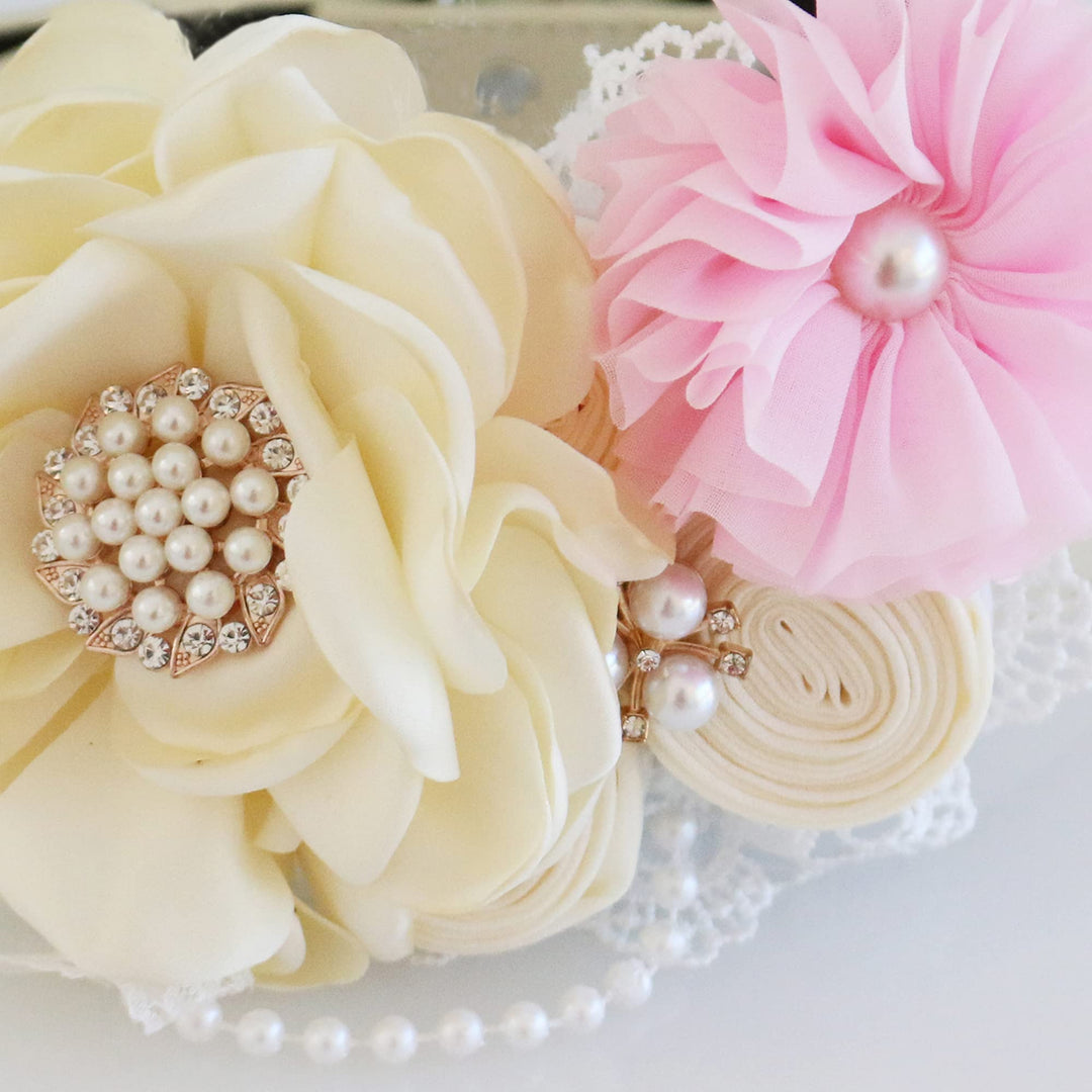 Ivory floral dog collar with soft pink chiffon flower, pearl center detail, lace accents, and pearl trim.