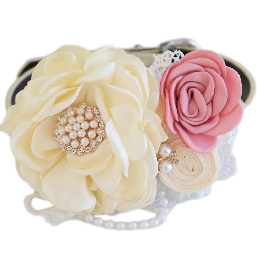 Handmade dog wedding collar featuring an ivory flower centerpiece, pink rose accent, lace details, and pearl embellishments.