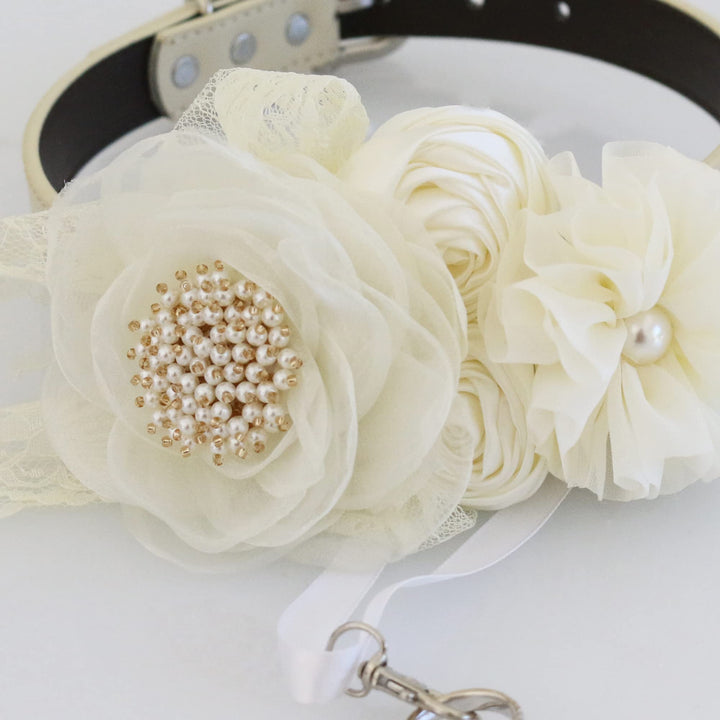 Ivory ring bearer dog collar with pearl flower centerpiece, handcrafted fabric flowers, lace accents, and ribbon ring holder.