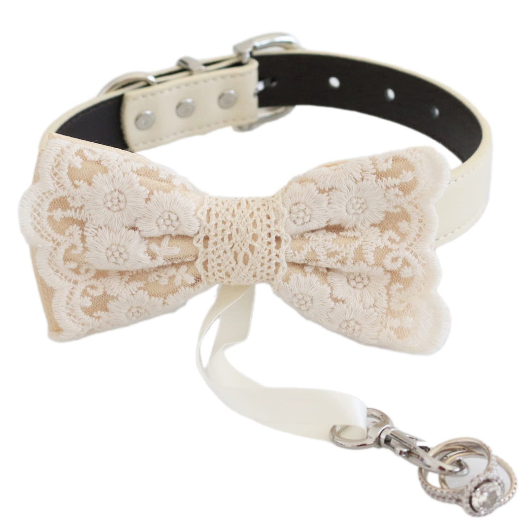 Ivory floral embroidered ring bearer dog bow tie collar with attached wedding ring holder ribbon, ivory vegan leather collar, and elegant lace bow tie detail