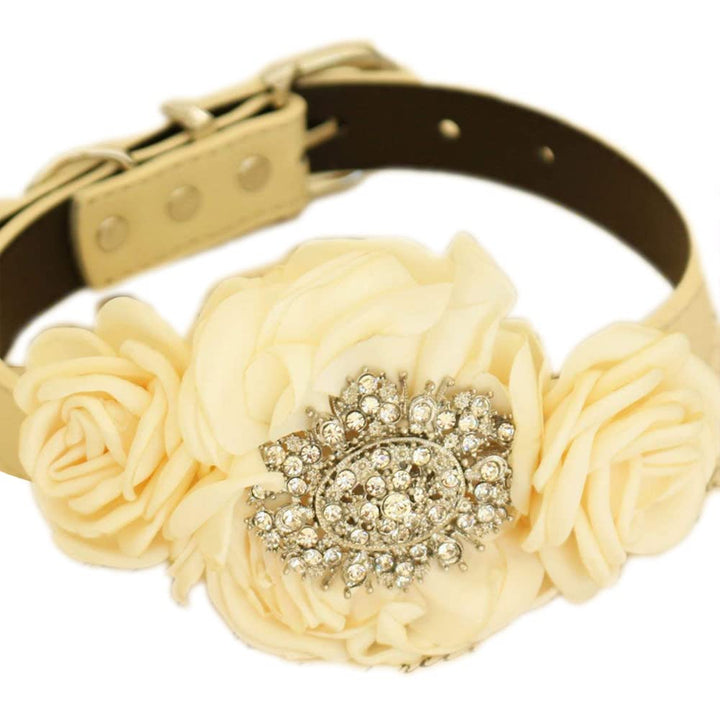 Ivory floral dog collar with handcrafted rose flowers and ornate crystal medallion centerpiece on a vegan leather collar.