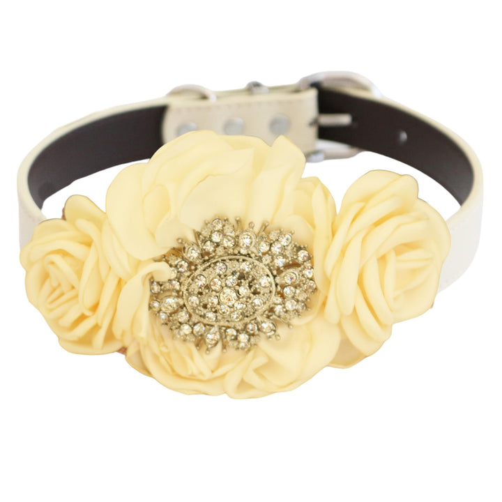 Ivory floral dog collar with handcrafted rose flowers and ornate rhinestone brooch centerpiece on a vegan leather collar.