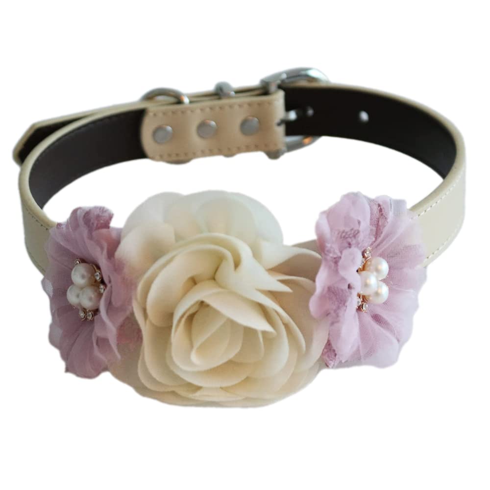 Dog collar featuring an ivory rose centerpiece with lilac floral accents and pearl embellishments.