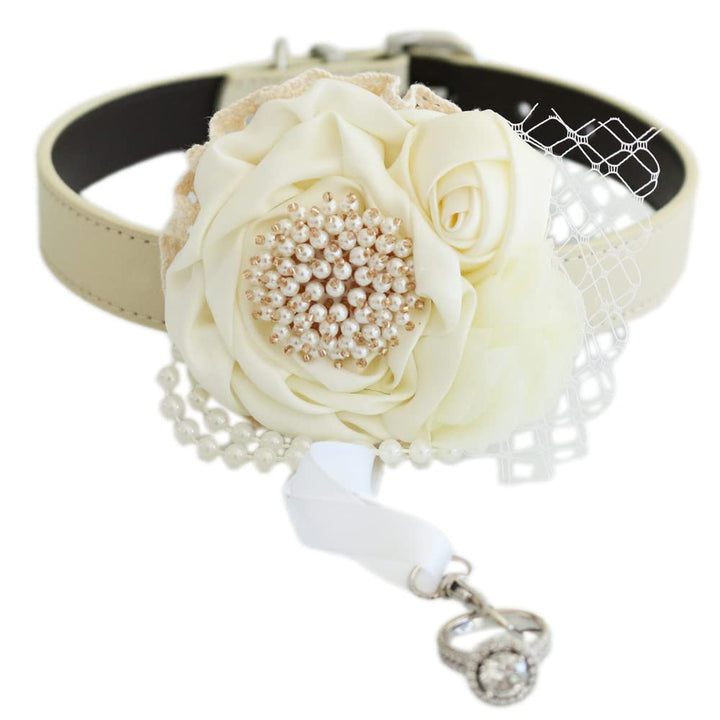 Ivory floral dog collar featuring a pearl flower center, lace accents, pearl trim, and ring holder charm.