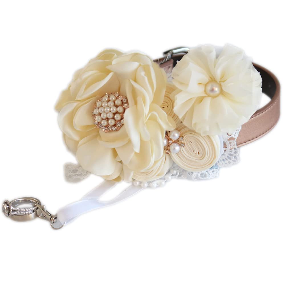 Ivory wedding dog collar featuring pearl floral centerpiece, chiffon flower accent, handcrafted rosettes, and ring bearer ribbon clasp.