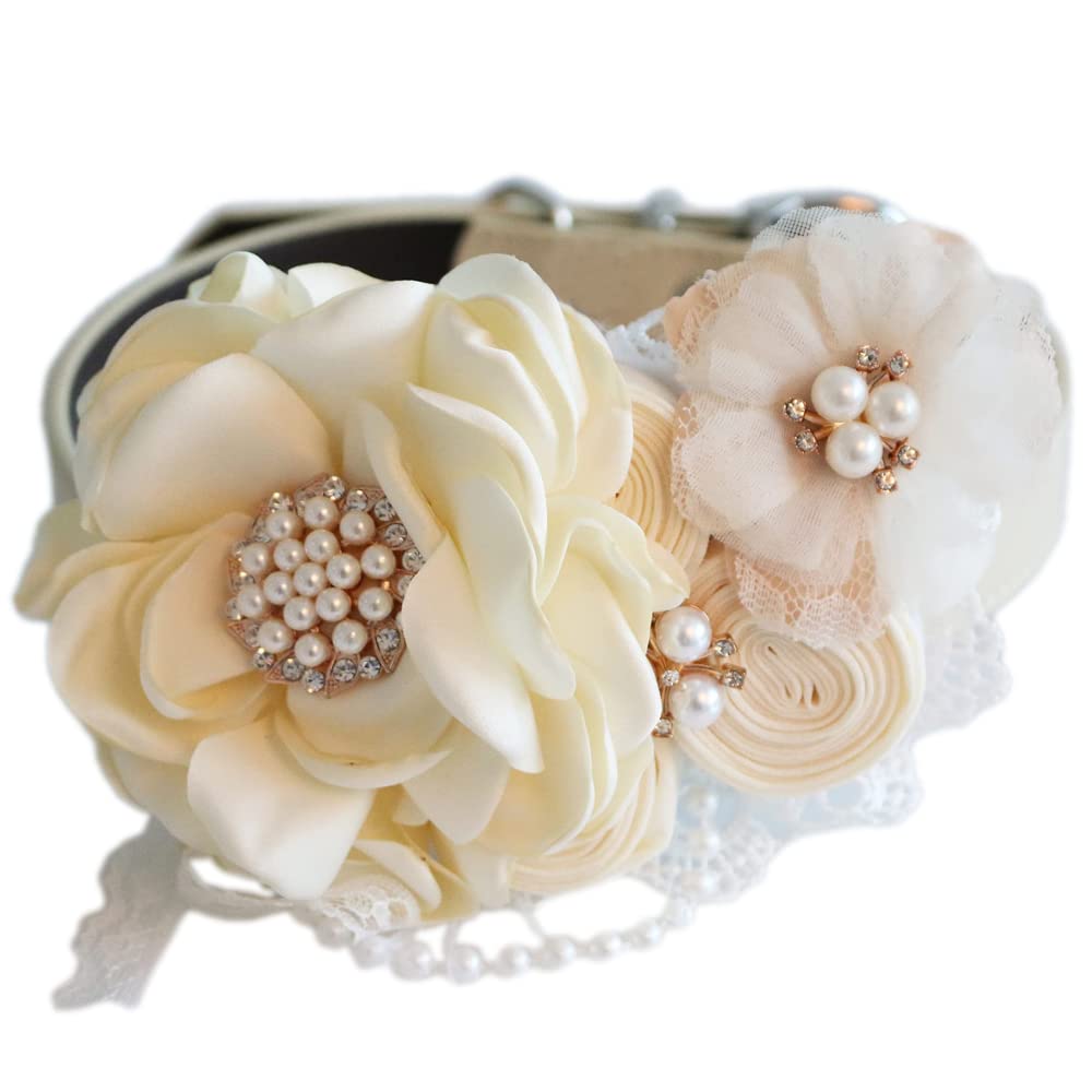Ivory wedding dog collar featuring layered fabric flower, pearl accents, lace details, and handcrafted floral arrangement.
