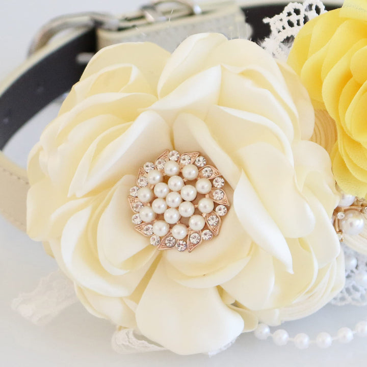 Ivory flower dog collar with yellow rose accent, pearl and crystal centerpiece, lace details, and pearl trim.
