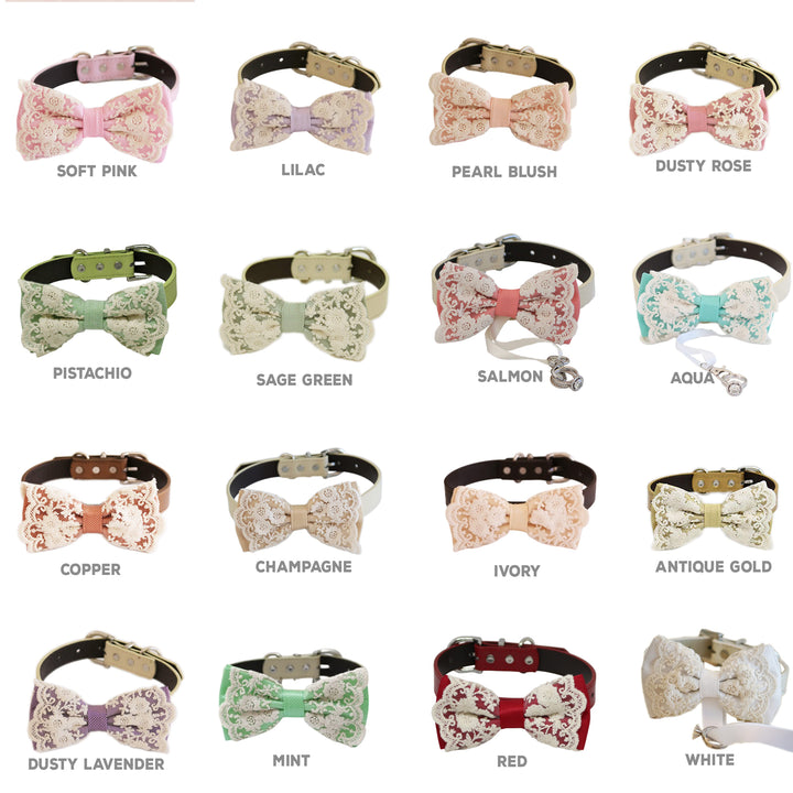 Lace dog bow tie collar color collection featuring soft pink, lilac, pearl blush, dusty rose, pistachio, sage green, salmon, aqua, copper, champagne, ivory, antique gold, dusty lavender, mint, red, and white.