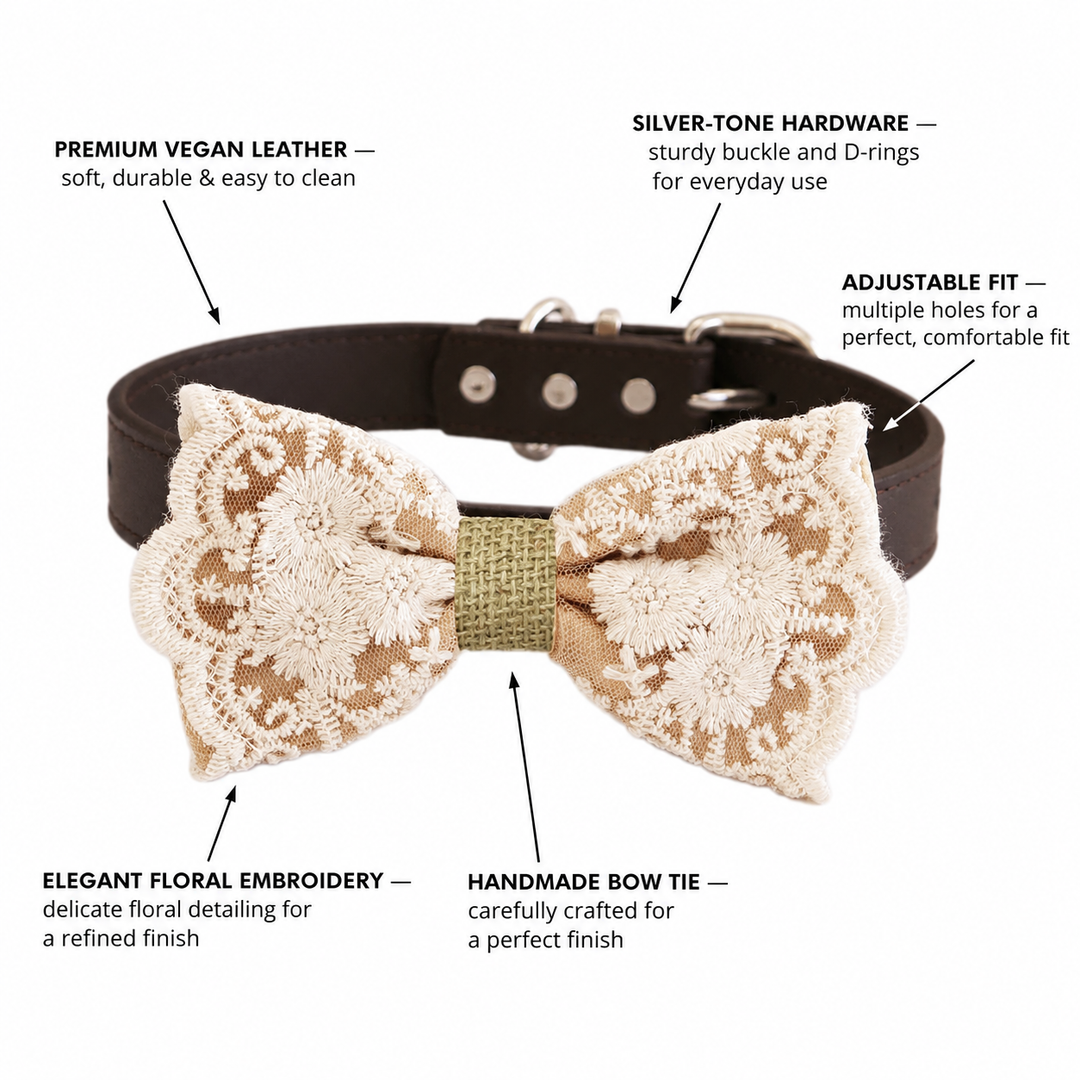 Lace bow tie dog collar feature guide highlighting vegan leather collar, adjustable fit, silver hardware, and floral embroidery details.