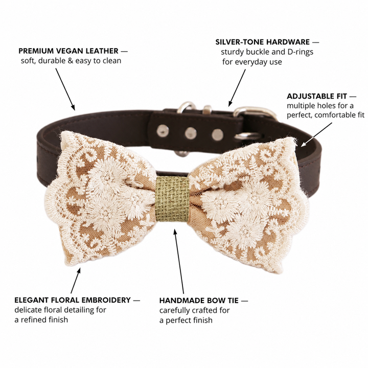 Lace bow tie dog collar feature guide highlighting vegan leather collar, adjustable fit, silver hardware, and floral embroidery details.