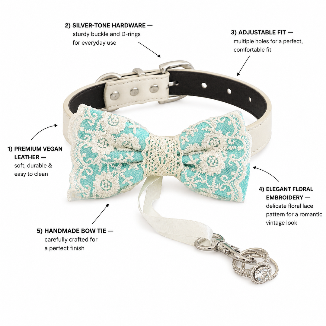 Lace ring bearer dog bow tie collar feature guide showing vegan leather hardware adjustable fit and floral embroidery