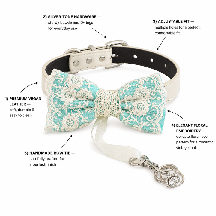Lace ring bearer dog bow tie collar feature guide showing vegan leather hardware adjustable fit and floral embroidery