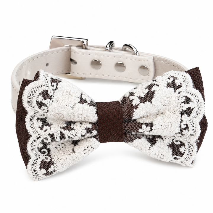 Handmade lace dog bow tie collar with ivory floral embroidery and vegan leather collar