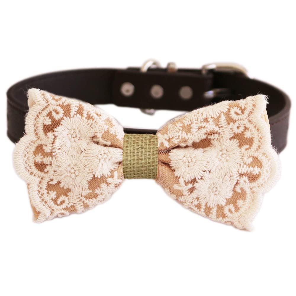 Beige floral lace dog bow tie attached to a dark brown vegan leather dog collar.