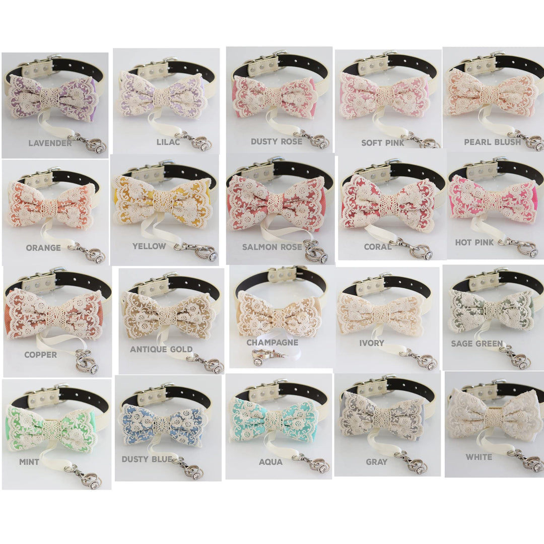 Lace ring bearer dog bow tie collar color options including lavender, lilac, dusty rose, soft pink, pearl blush, orange, yellow, salmon rose, coral, hot pink, copper, antique gold, champagne, ivory, sage green, mint, dusty blue, aqua, gray, and white