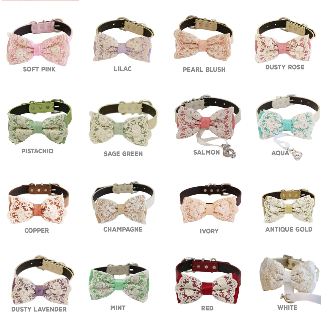 Lace dog bow tie collar color options guide featuring soft pink, lilac, pearl blush, sage green, aqua, champagne, ivory, red, and other elegant color selections