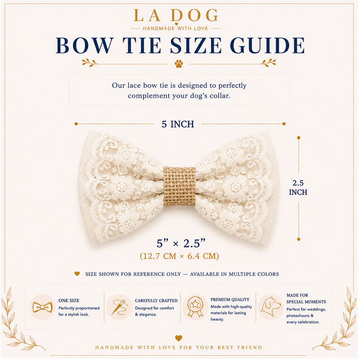 Lace dog bow tie size guide showing 5 inch by 2.5 inch dimensions for wedding and special occasion dog collars.