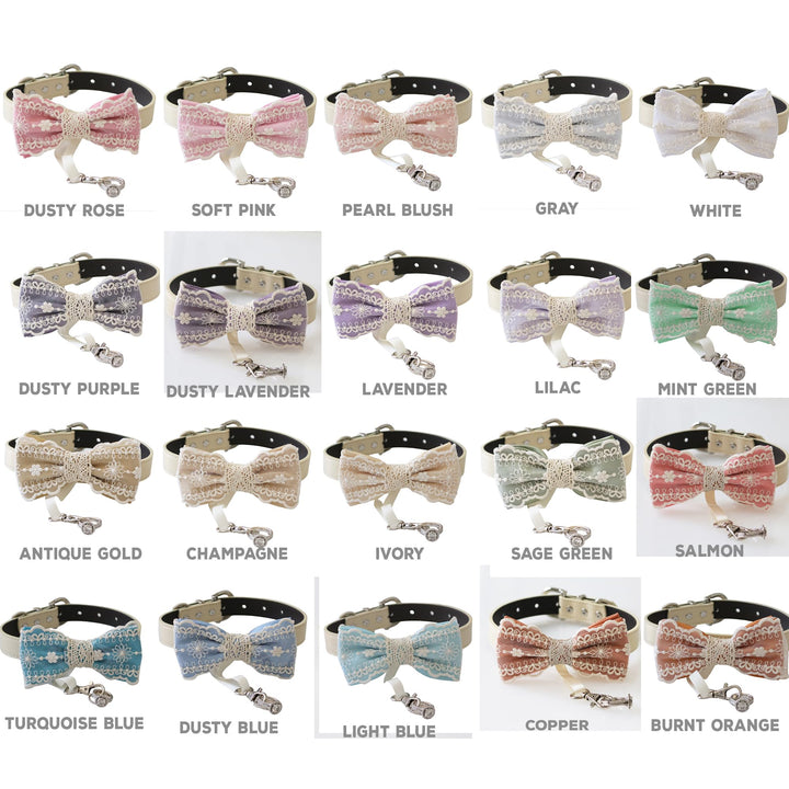 Ring bearer dog bow tie collar color collection showing multiple lace bow tie and collar color options