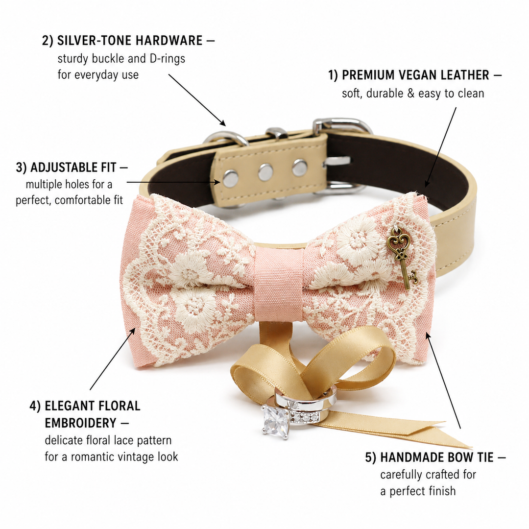 Lace ring bearer dog bow tie collar highlighting vegan leather material, silver hardware, adjustable fit, floral embroidery, and handmade design.