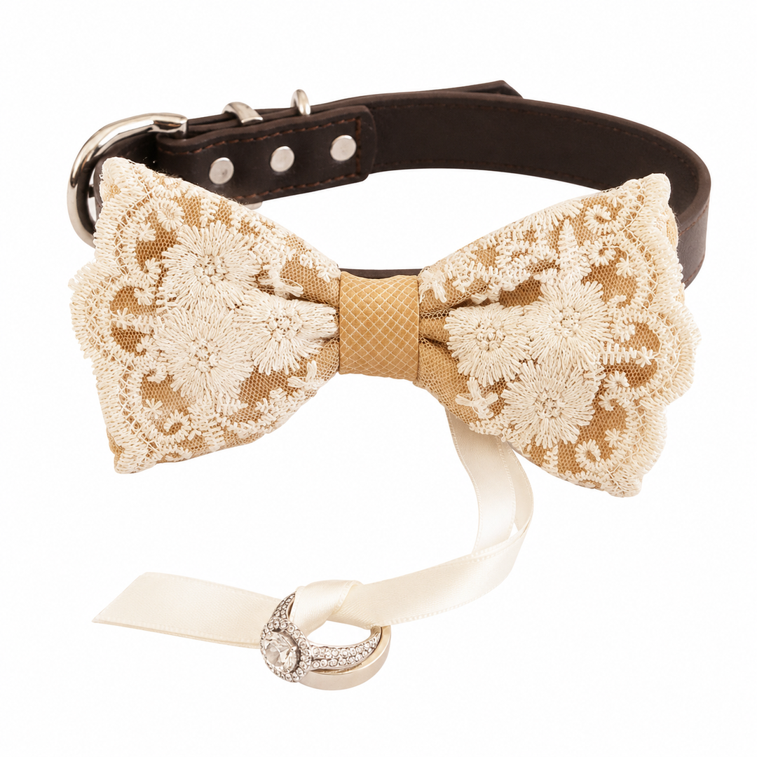 Handmade lace ring bearer dog bow tie collar with floral embroidery, vegan leather collar, and attached ring holder ribbon.