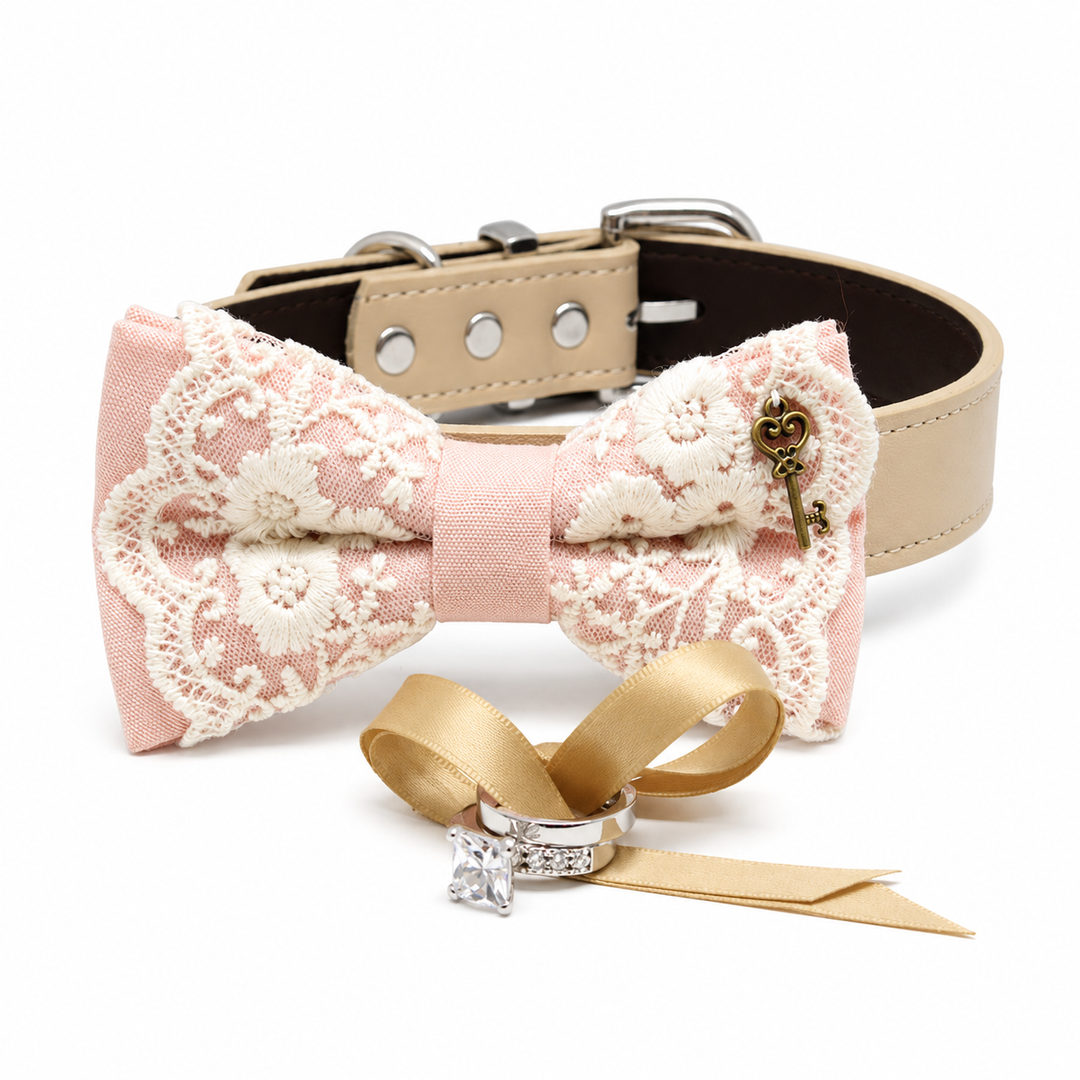 Handmade lace ring bearer dog bow tie collar with floral embroidery, vegan leather collar, decorative key charm, and wedding ring holder ribbon.
