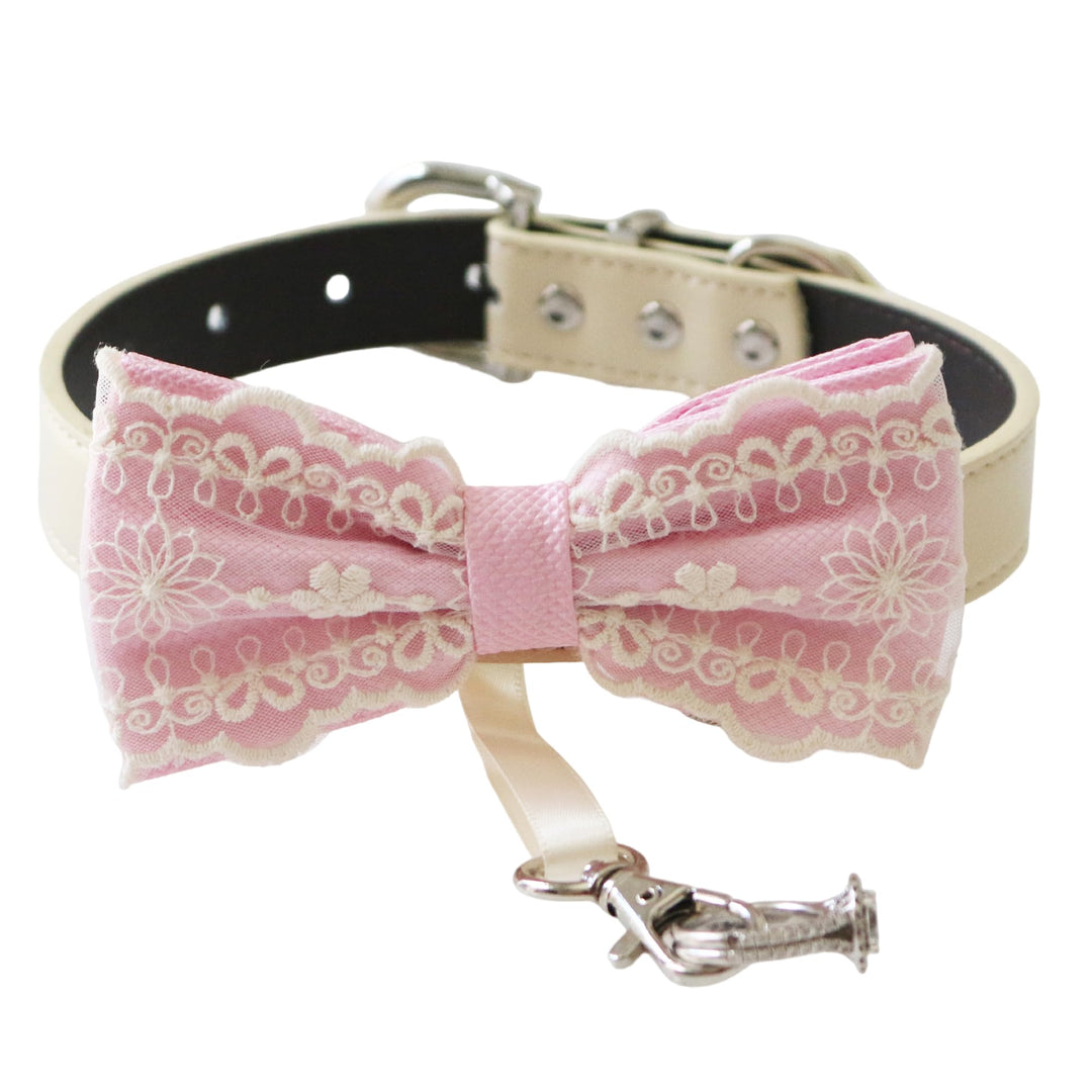 Lace ring bearer dog bow tie collar color chart displaying dusty rose, soft pink, pearl blush, gray, white, dusty purple, dusty lavender, lavender, lilac, mint green, antique gold, champagne, ivory, sage green, salmon, dusty blue, light blue, copper, and burnt orange options
