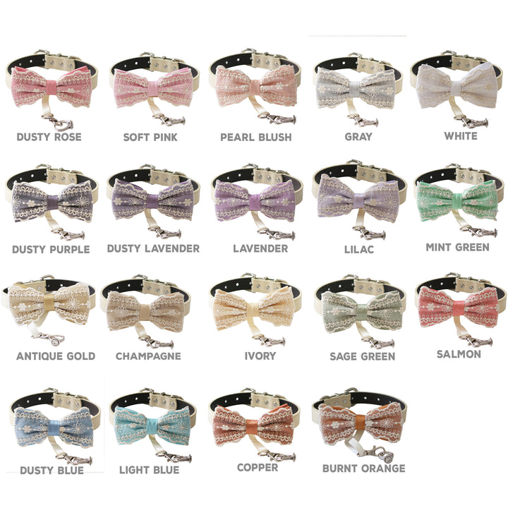 Lace ring bearer dog bow tie collar color options chart showing dusty rose, soft pink, pearl blush, gray, white, dusty purple, dusty lavender, lavender, lilac, mint green, antique gold, champagne, ivory, sage green, salmon, dusty blue, light blue, copper, and burnt orange colors available for wedding dogs and ring bearers