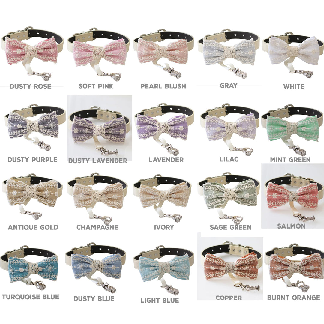 Lace ring bearer dog bow tie collar color options chart showing dusty rose, soft pink, pearl blush, gray, white, dusty purple, dusty lavender, lavender, lilac, mint green, antique gold, champagne, ivory, sage green, salmon, turquoise blue, dusty blue, light blue, copper, and burnt orange