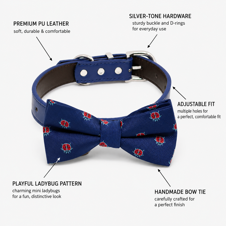 Dog bow tie collar feature guide showing ladybug pattern, blue vegan leather collar, silver-tone hardware, adjustable fit, and handmade craftsmanship