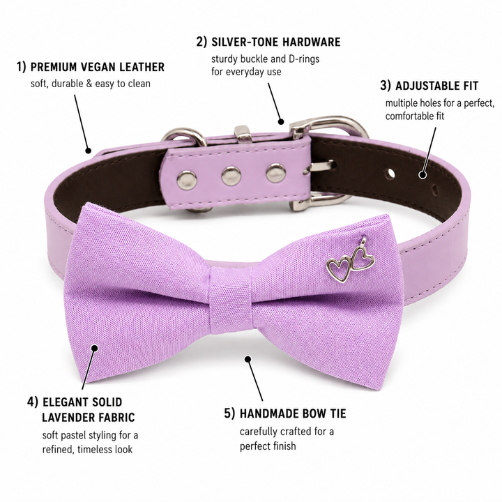 Lavender dog bow tie collar feature guide showing vegan leather collar, silver hardware, adjustable fit, heart charm, and handmade bow tie