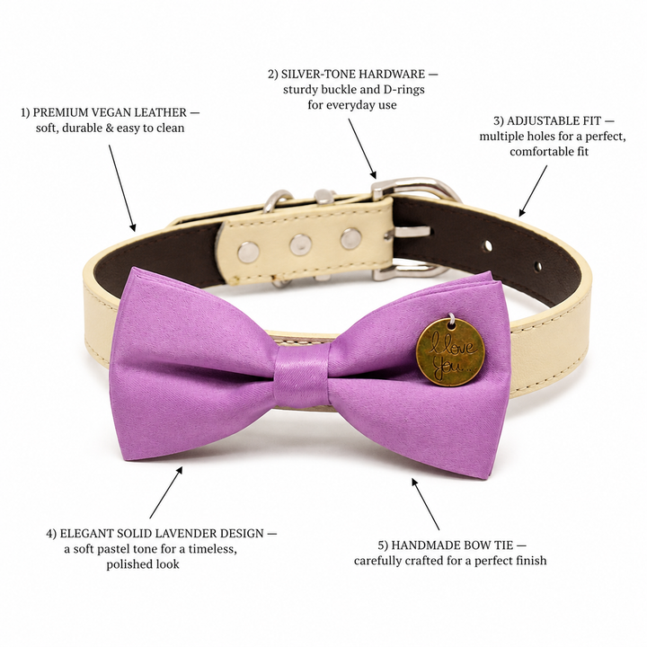 Lavender dog bow tie collar feature guide showing vegan leather collar, silver hardware, adjustable fit, love you charm, and handmade bow tie