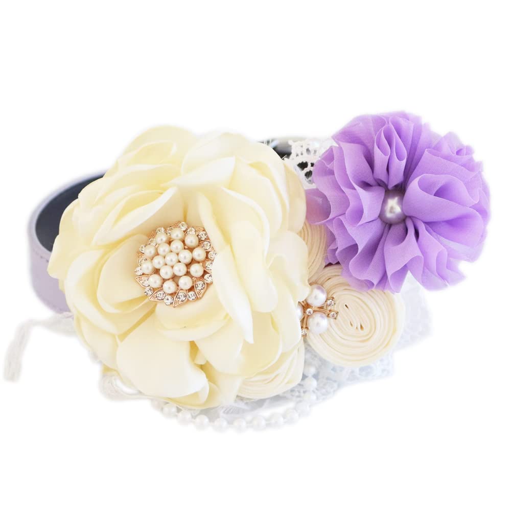 Elegant dog wedding collar featuring ivory flower centerpiece, lavender chiffon flower, pearl embellishments, and ring bearer charm detail