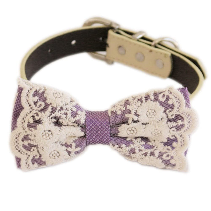 Lavender lace dog bow tie collar with floral embroidered lace overlay, lavender center band, and adjustable vegan leather collar for weddings and special occasions