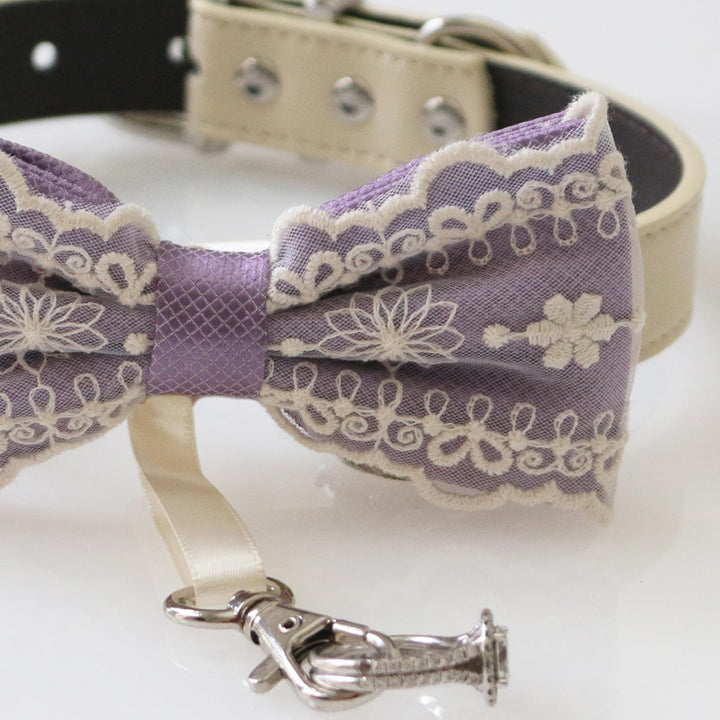 Lavender lace ring bearer dog bow tie close-up featuring floral embroidery, scalloped lace trim, and attached wedding ring holder ribbon