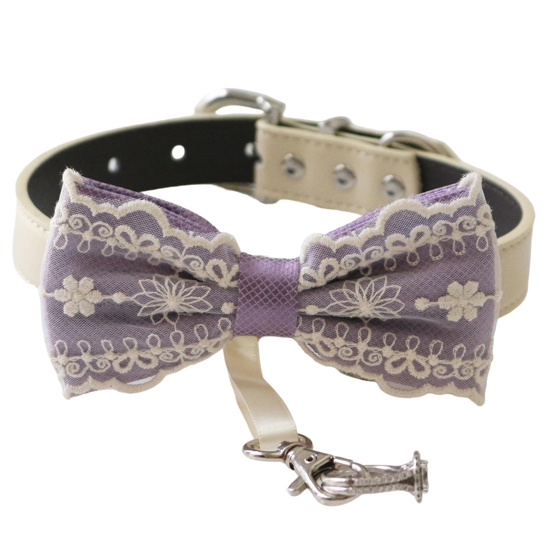 Lavender lace ring bearer dog bow tie collar with floral embroidered lace overlay, cream vegan leather collar, and attached wedding ring holder ribbon