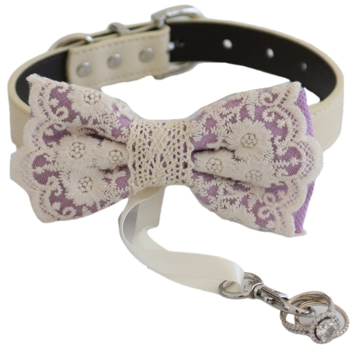 Lavender lace ring bearer dog bow tie collar with attached wedding ring holder ribbon, floral embroidered lace bow tie, ivory vegan leather collar, and elegant wedding styling
