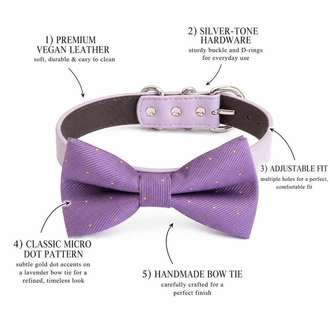 Feature guide showing lavender micro dot dog bow tie collar with vegan leather collar, silver-tone hardware, adjustable fit, and handmade craftsmanship