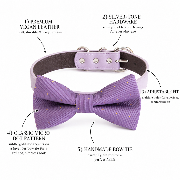 Feature guide showing lavender micro dot dog bow tie collar with vegan leather collar, silver-tone hardware, adjustable fit, and handmade craftsmanship