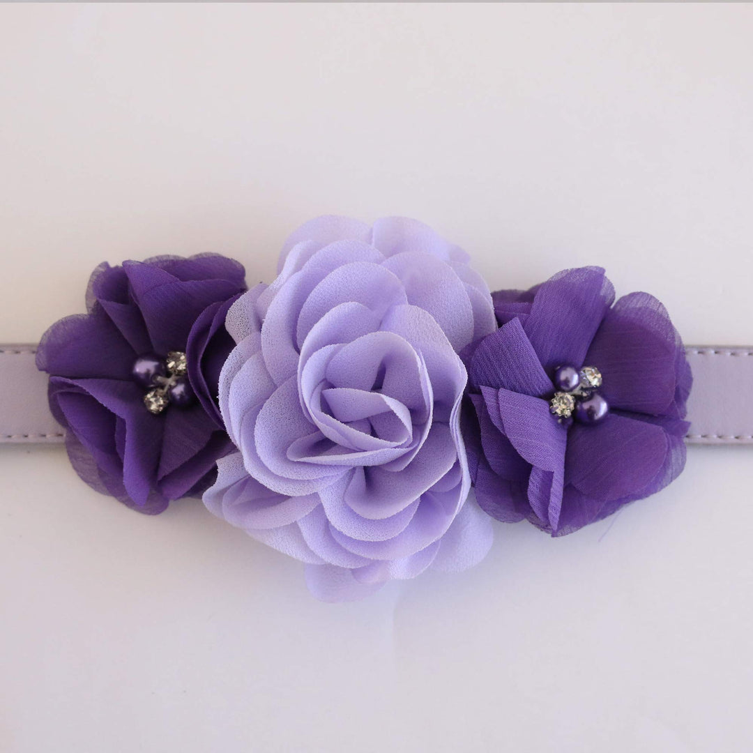Lavender and purple floral dog collar with handmade fabric flowers and rhinestone accents