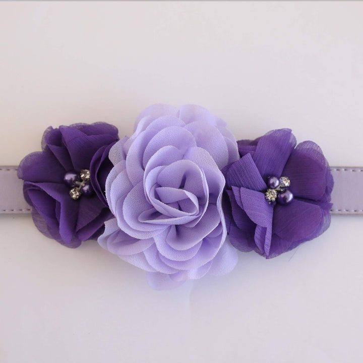 Lavender and purple floral dog collar with handmade fabric flowers and rhinestone accents