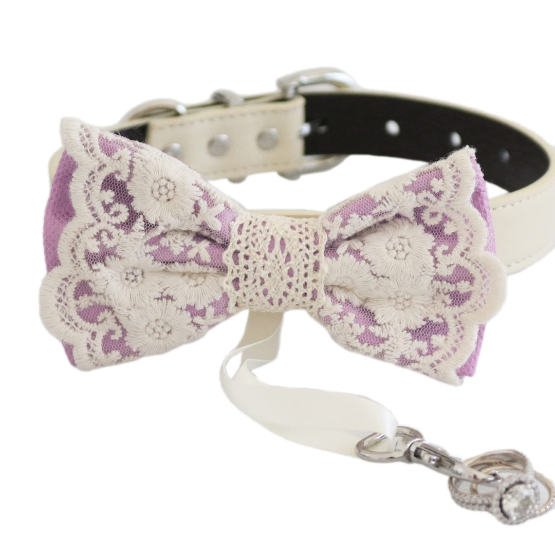 Lavender ring bearer dog bow tie collar with floral lace overlay, attached wedding ring holder ribbon, and adjustable vegan leather collar for weddings and special occasions