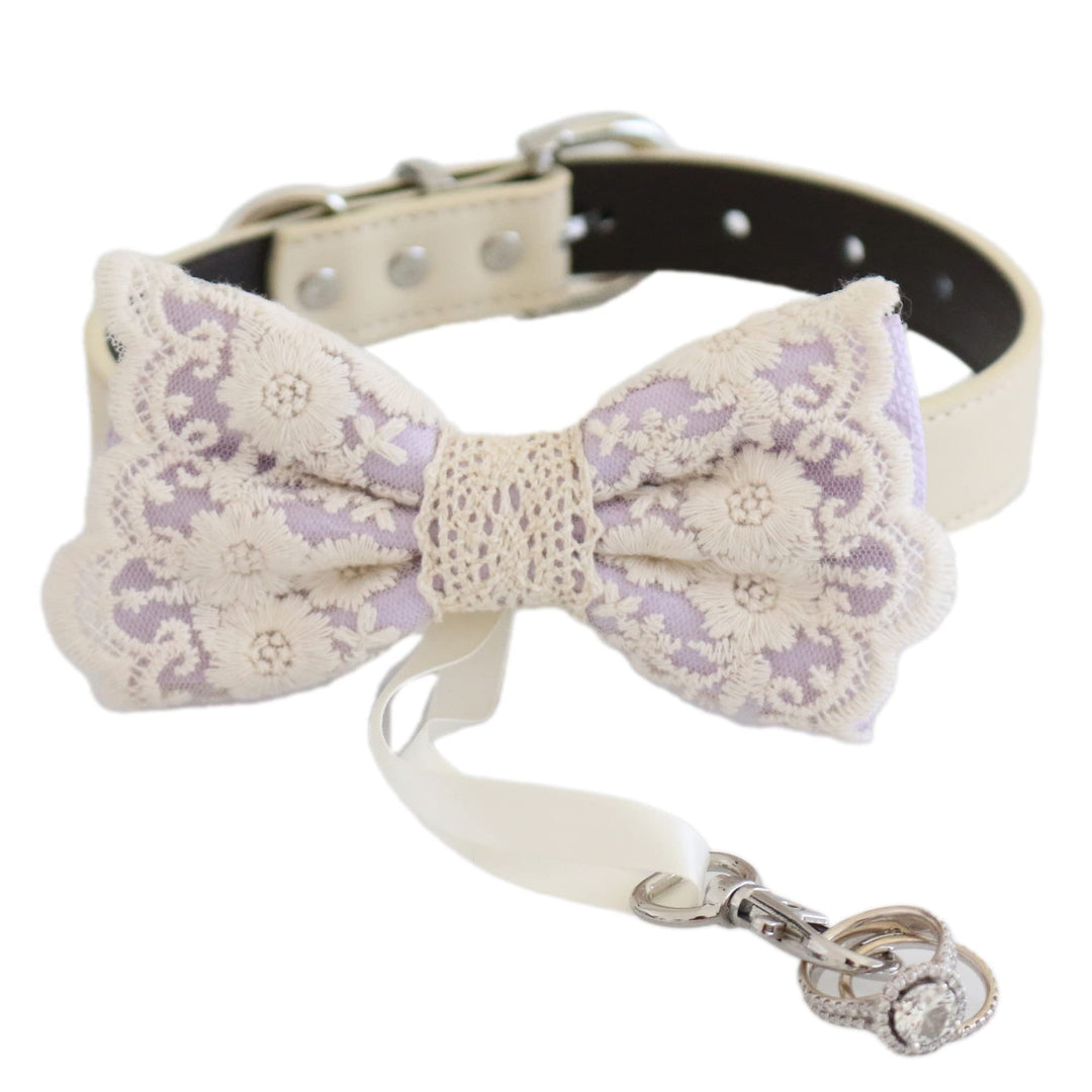Lavender ring bearer dog bow tie collar with floral lace embroidery, attached wedding ring holder ribbon, and adjustable vegan leather collar for wedding ceremonies and special occasions