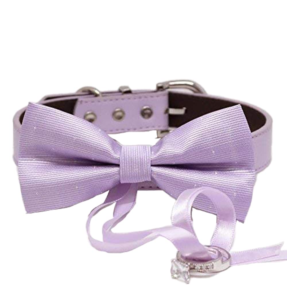 Lavender satin ring bearer dog bow tie collar with attached ribbon ring holder on matching vegan leather collar
