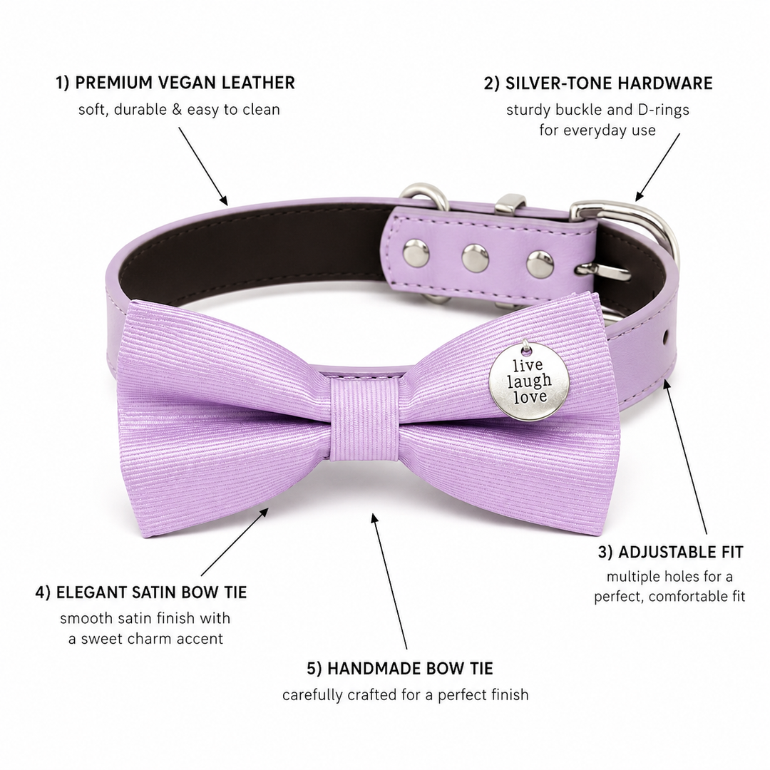 Lavender satin dog bow tie collar feature guide showing vegan leather collar, silver hardware, adjustable fit, engraved live laugh love charm, and handmade bow tie