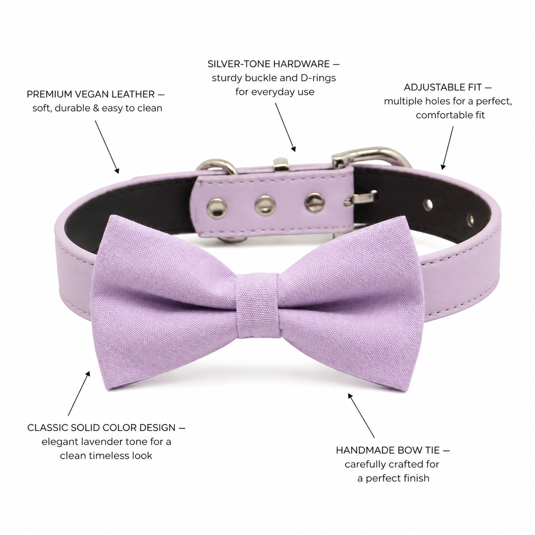 Feature guide showing solid lavender dog bow tie collar with vegan leather collar, silver-tone hardware, adjustable fit, and handmade craftsmanship