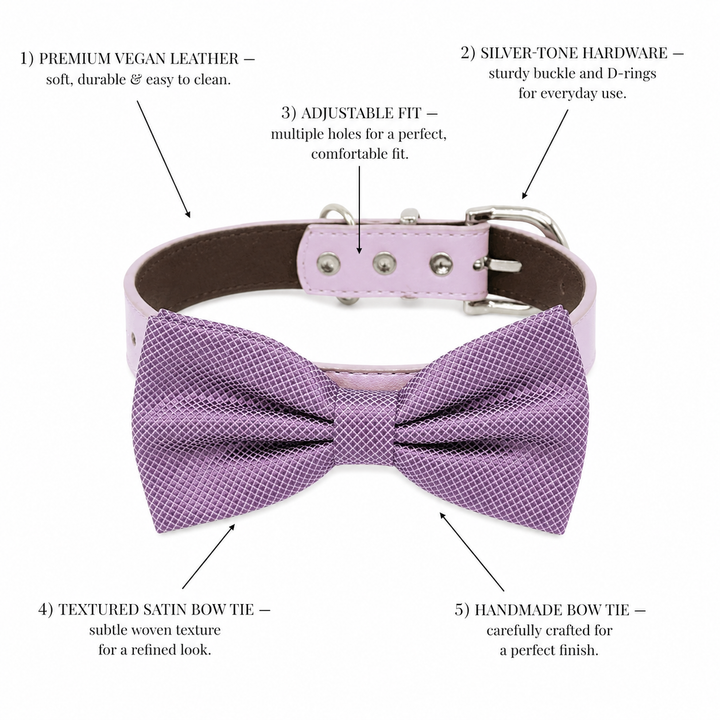 Feature guide showing lavender textured satin dog bow tie collar with vegan leather collar, silver hardware, adjustable fit, and handmade craftsmanship