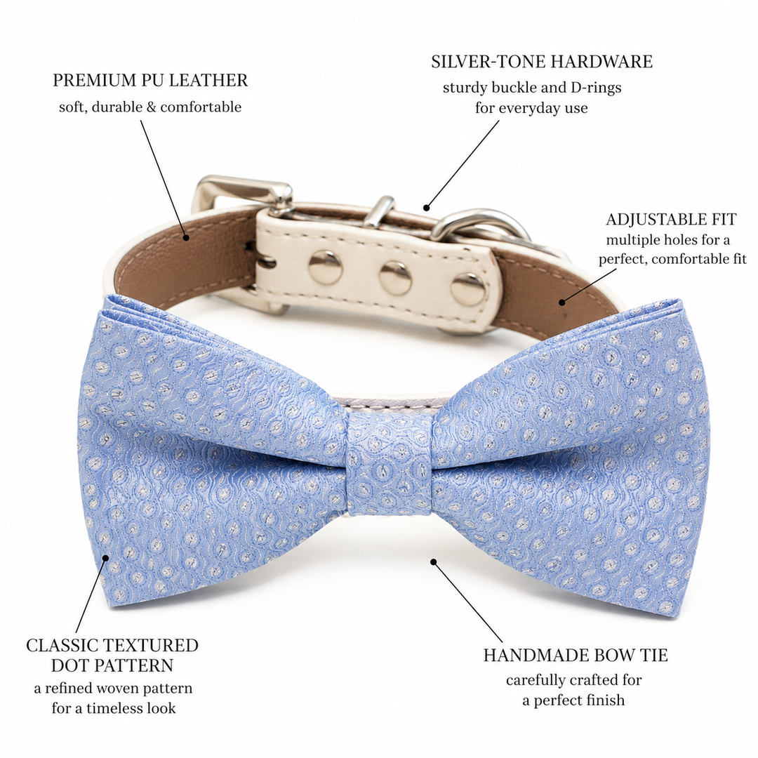 Dog bow tie collar feature guide showing textured woven bow tie, vegan leather collar, silver-tone hardware, and adjustable fit