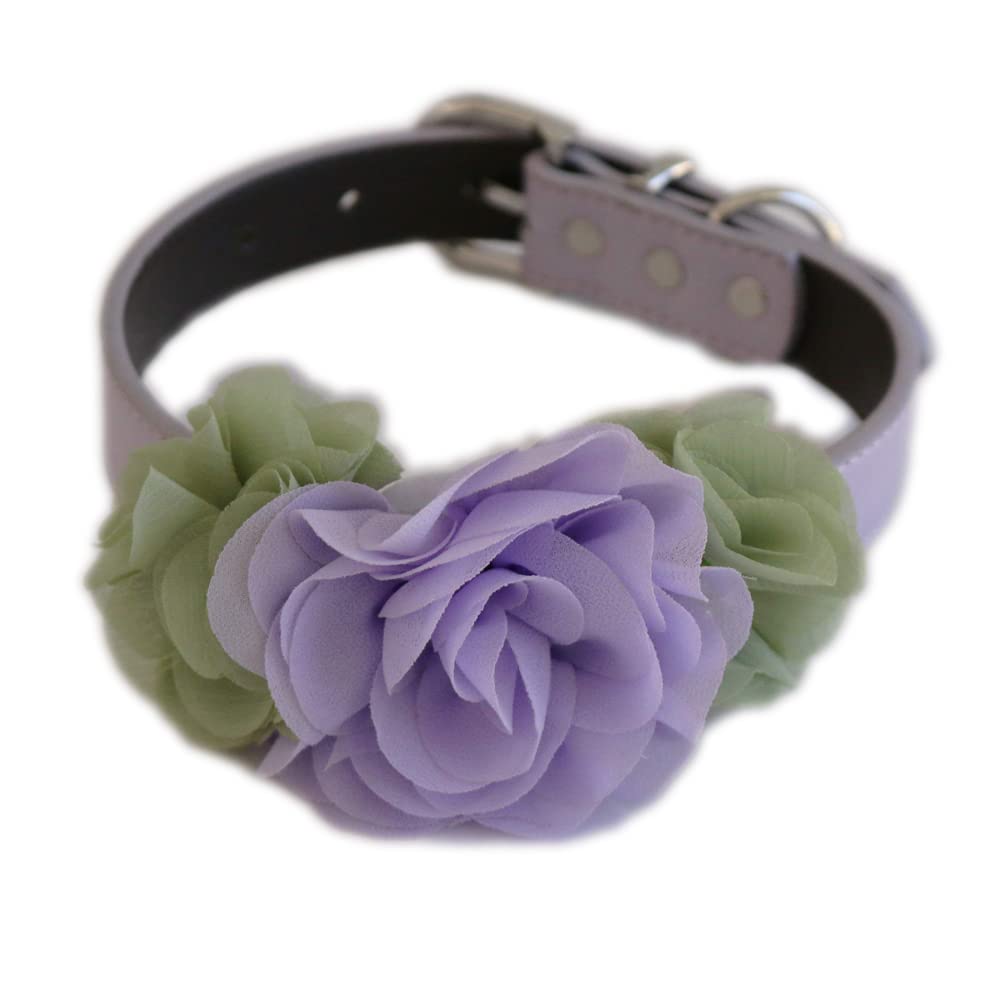 Lilac and sage green flower dog collar with layered fabric blooms and matching lavender collar.