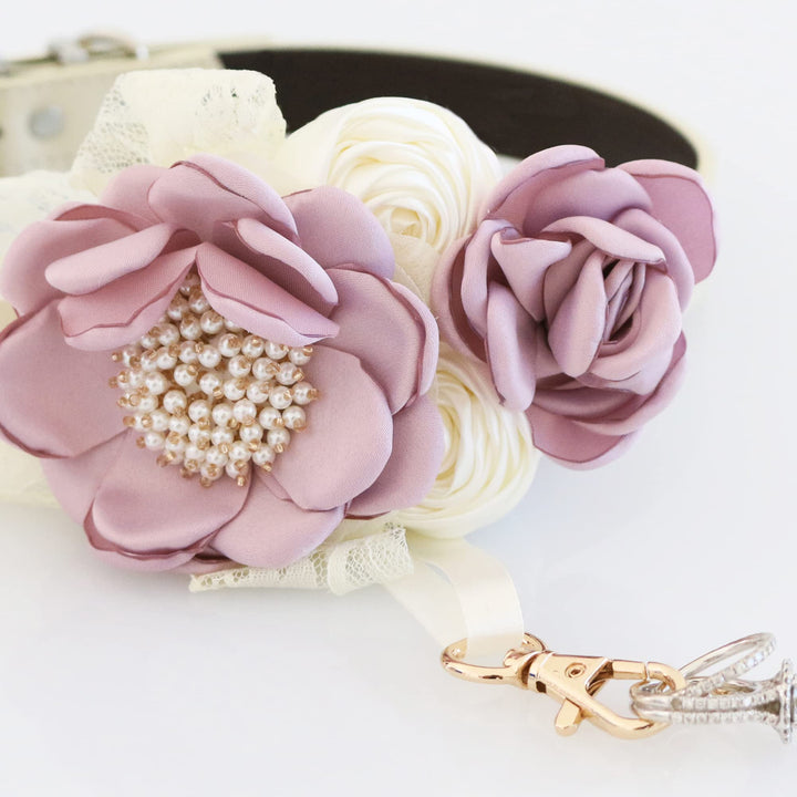 Lilac and ivory floral ring bearer dog collar with pearl center flower, lace accents, and decorative ring holder ribbon.