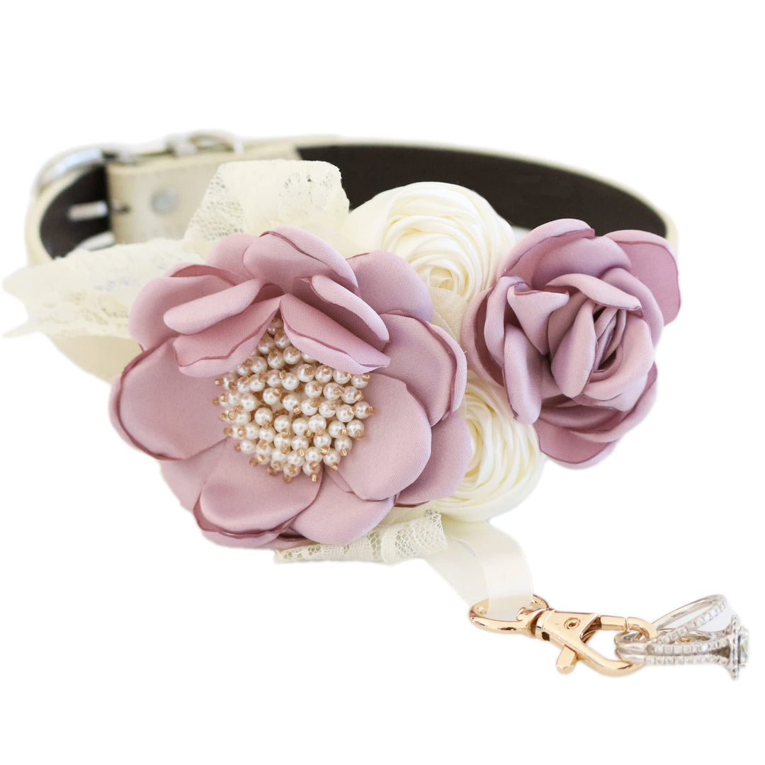 Handmade lilac and ivory flower dog collar featuring pearl details, lace accents, and elegant ring holder attachment for weddings.
